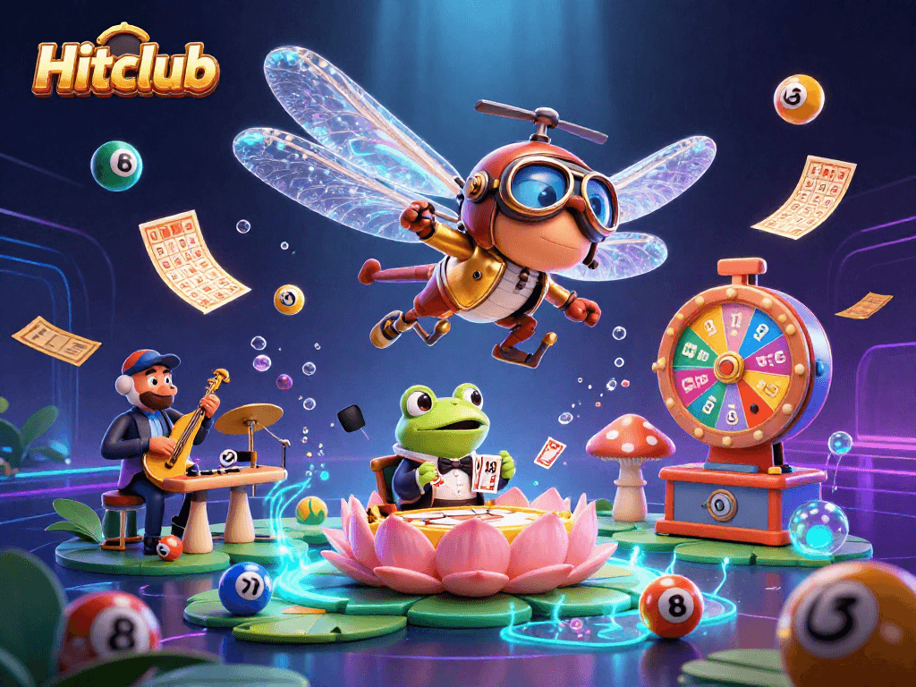 Experience Hitclub's thrilling games through a colorful 3D scene with vibrant elements and characters.