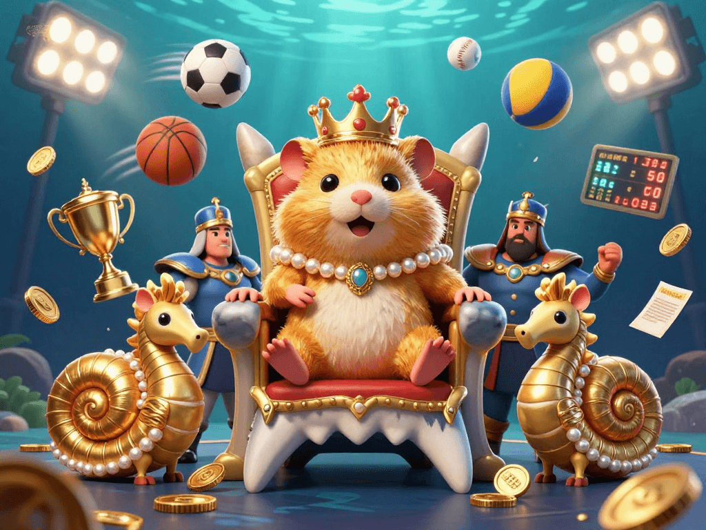 Witness the thrilling action of qq8888 with vibrant sports elements and an intense golden hamster king illustration.