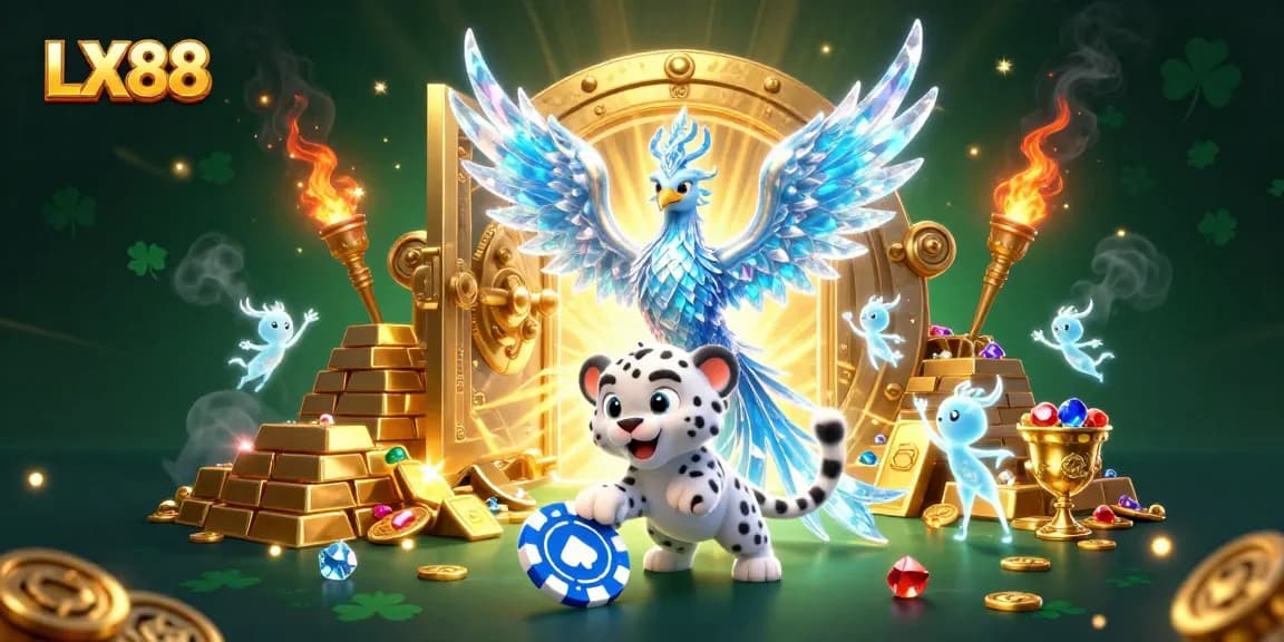 LX88 celebrates gaming with a vibrant 3D scene of an ice phoenix, snow leopard cub, and sparkling treasures.