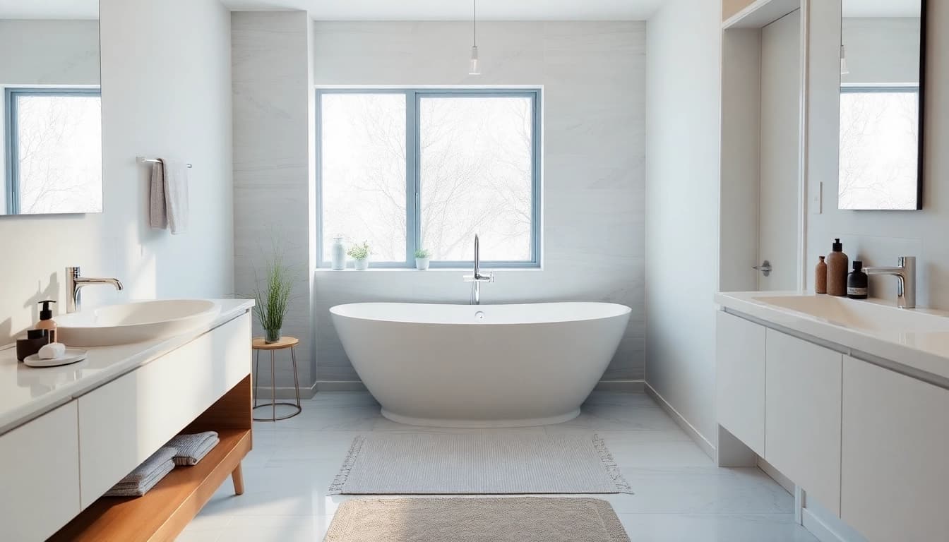 Bathroom fitters showcasing a modern, stylish bathtub in a luminous space designed for relaxation.