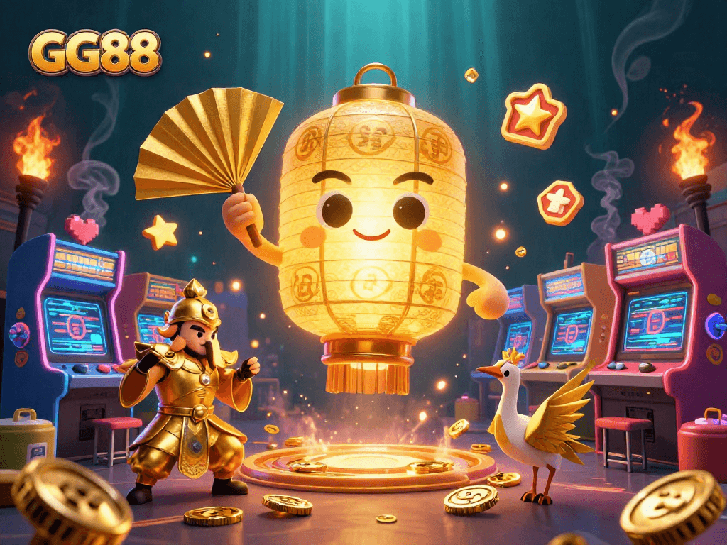 Experience the thrill of GG88 with vibrant characters and dynamic gambling elements in a dazzling casino illustration.