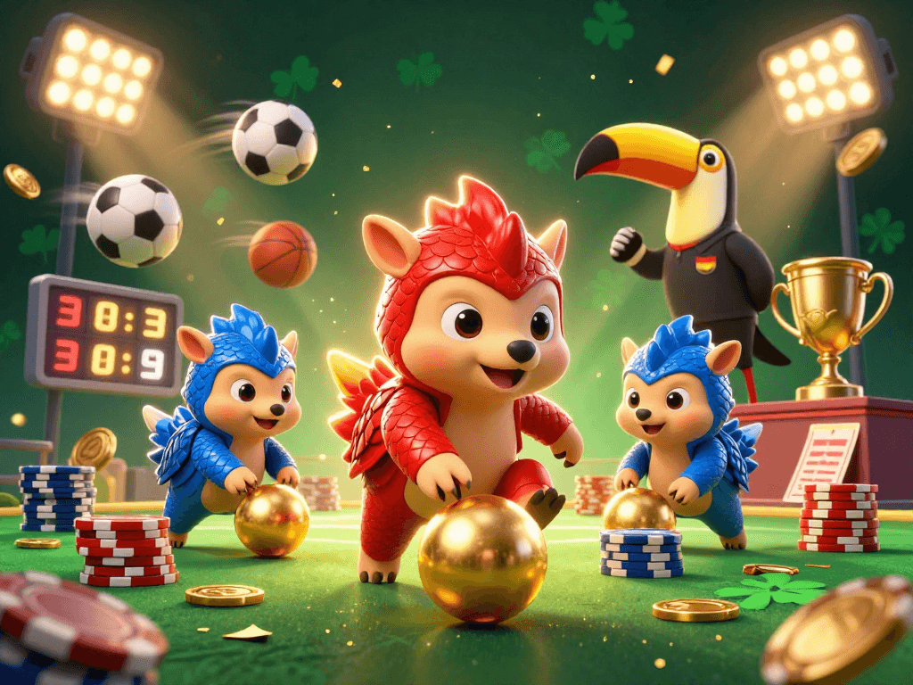 Engage in thrilling gameplay at o8bet with vibrant pangolins, confetti, and sports elements!