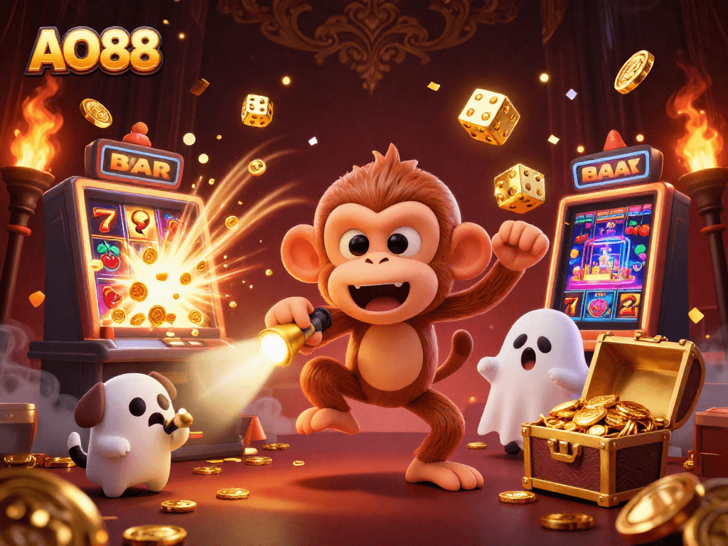 Experience thrilling games at AO88 casino while following the poltergeist monkey's antics!
