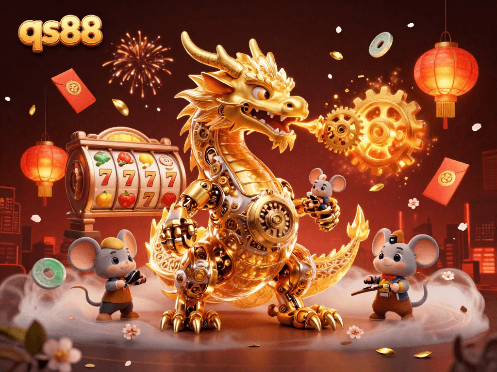 Experience the excitement of qs88 with a golden dragon and slot reels in a vivid 3D digital scene.