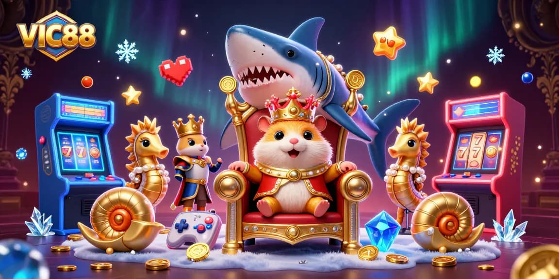 Engage with VIC88 in this vibrant 3D casino scene, featuring a golden hamster king and arcade elements.