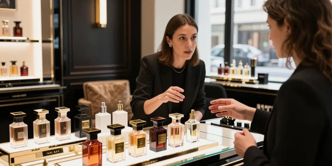 Fragrance display featuring perfume samples and decants in a luxurious boutique setting