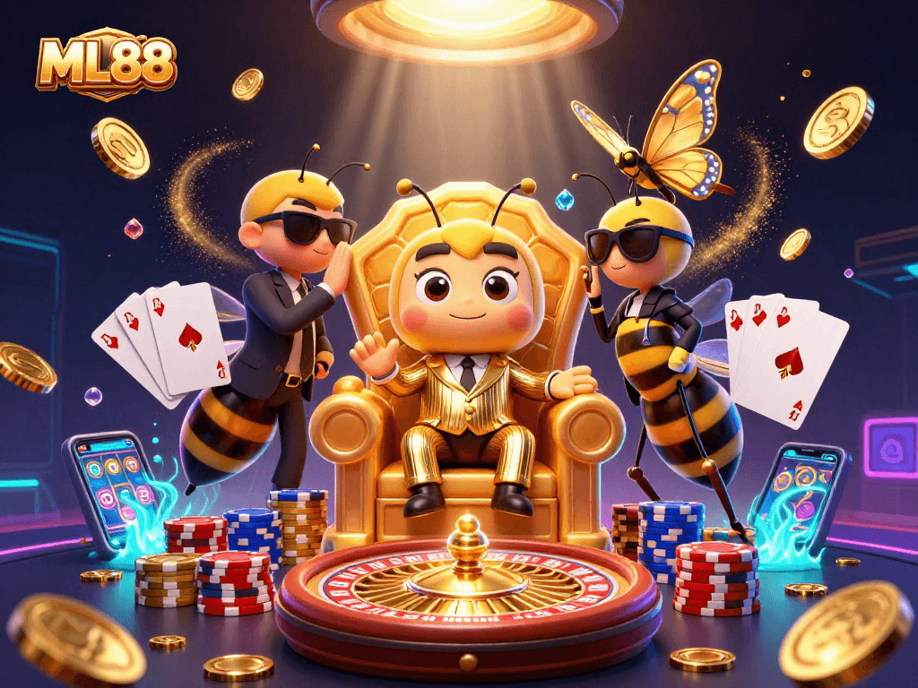 Experience thrilling games at ML88, where the mob boss oversees a bustling casino scene filled with gold and action.