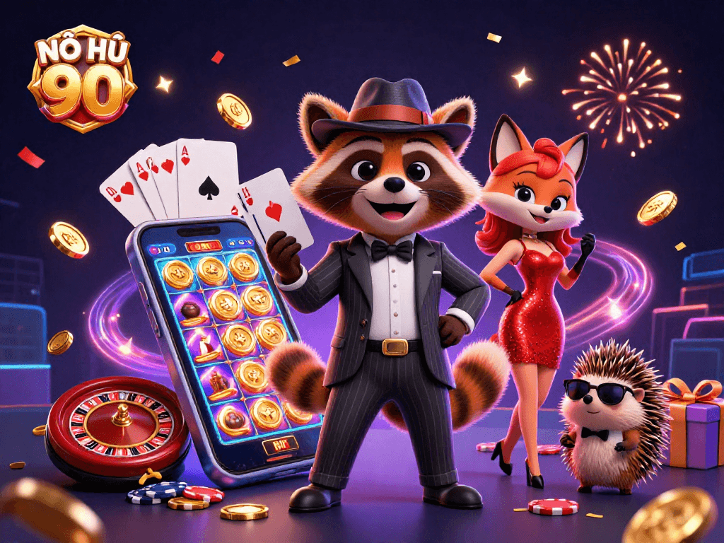 NỔ HŨ 90 brings excitement with a suave raccoon, a glamorous fox, and a bouncy hedgehog amidst vibrant games and golden wins.