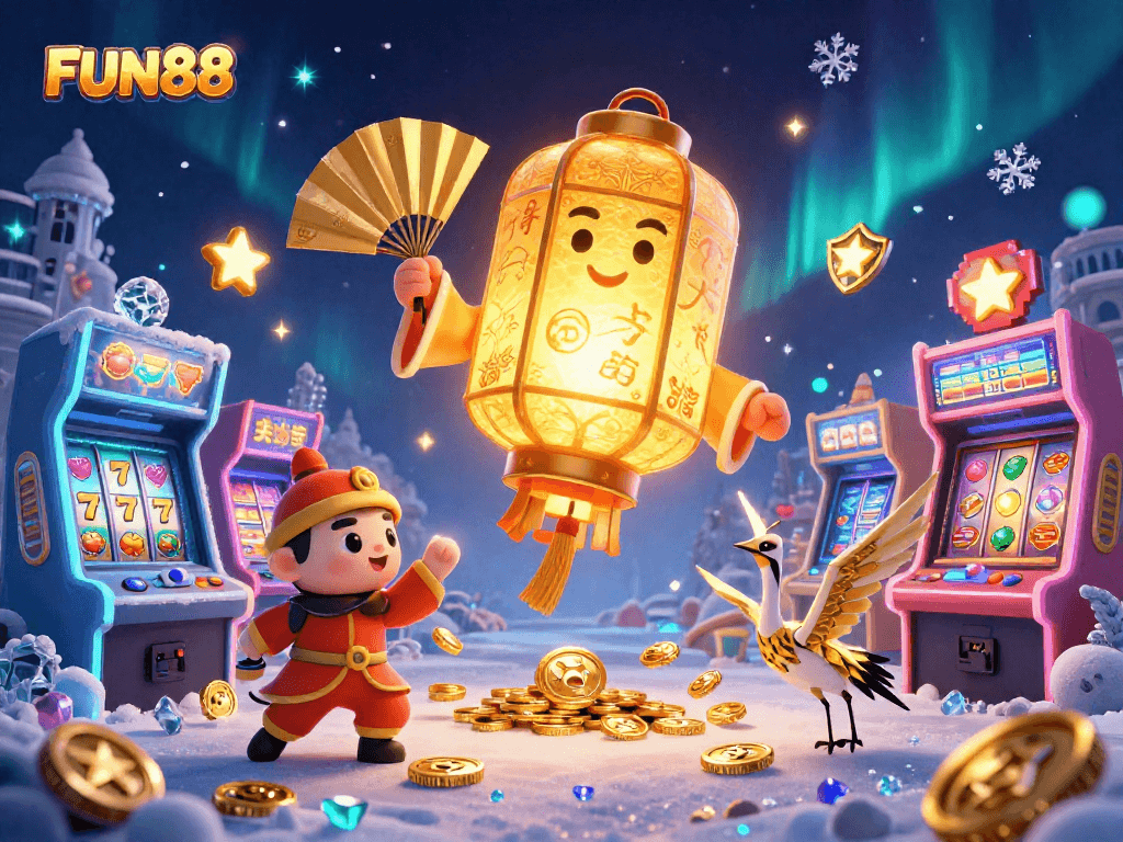Experience FUN88's vibrant gaming world with a glowing lantern spirit, arcade machines, and dynamic casino elements.