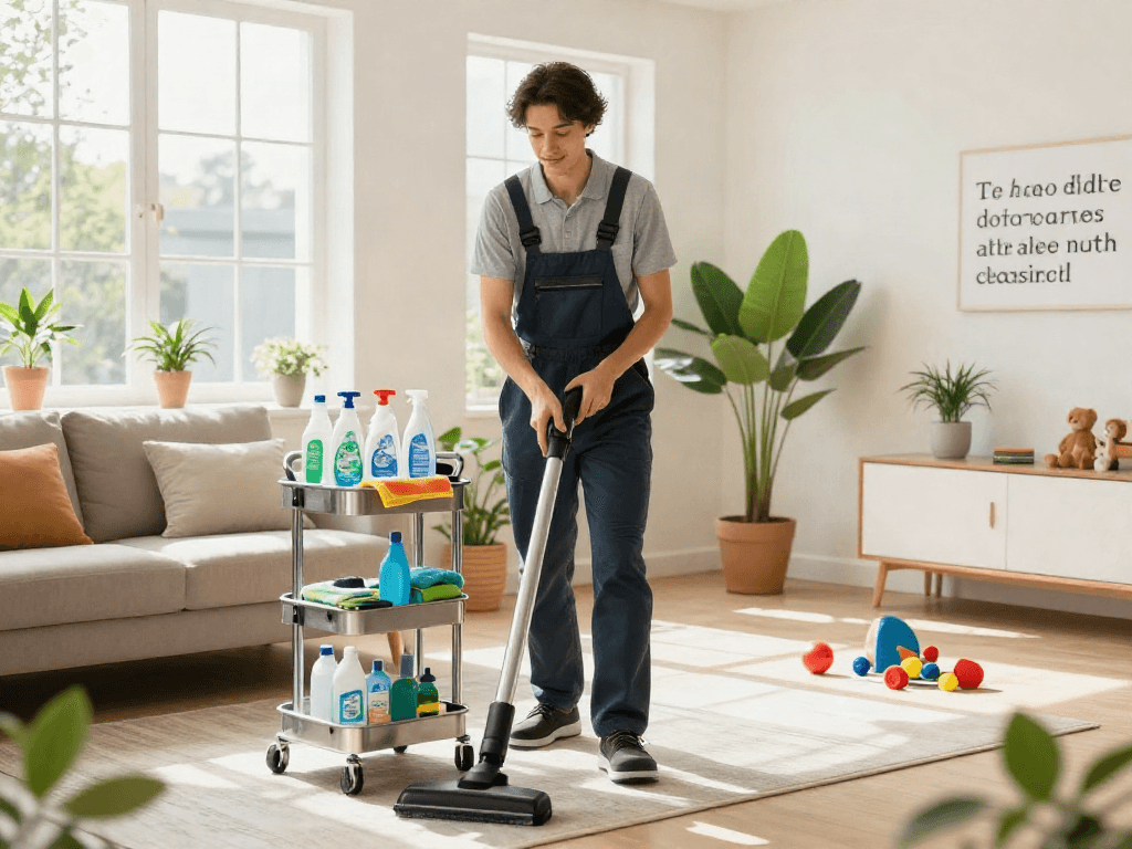 Professional cleaner organizing eco-friendly supplies while providing slot 10k cleaning services in a bright living room.