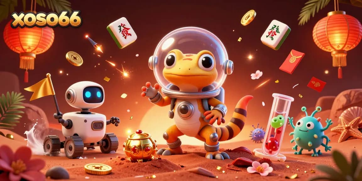 Engage with xoso66's vibrant casino world as a Martian gecko discovers treasures.