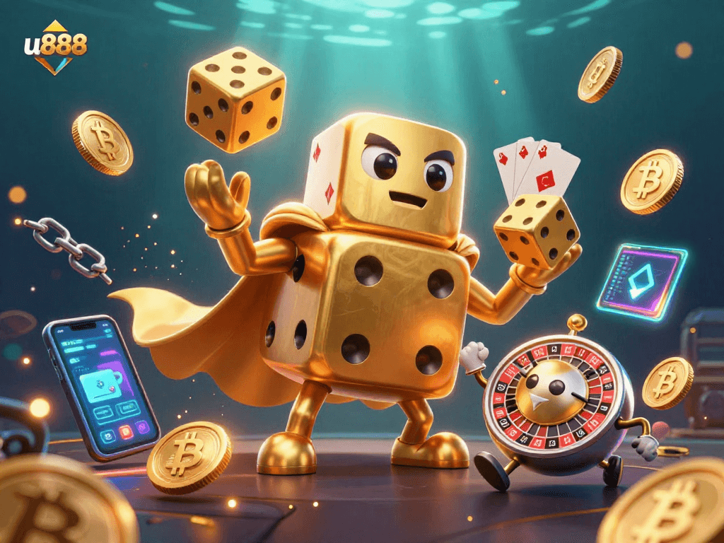 Engage with u888’s dynamic gaming experience featuring golden dice and crypto elements.