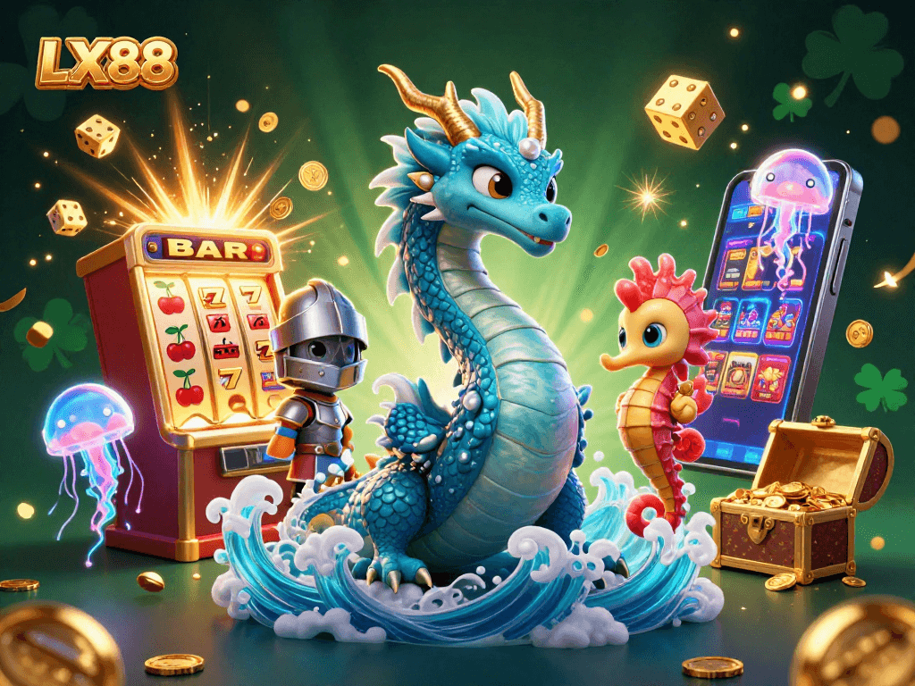 Experience the excitement of LX88 with vibrant slots and dynamic casino elements illustrated in 3D.