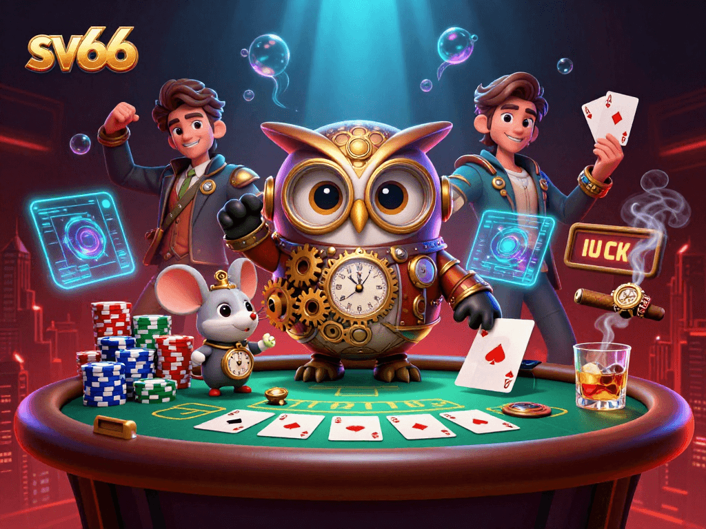 Experience the thrilling gameplay of SV66 with vibrant casino elements in a 3D illustration of an owl and mouse.