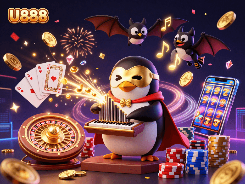 Experience the excitement of U888 with a dazzling casino-themed scene featuring vibrant characters and dynamic game elements.
