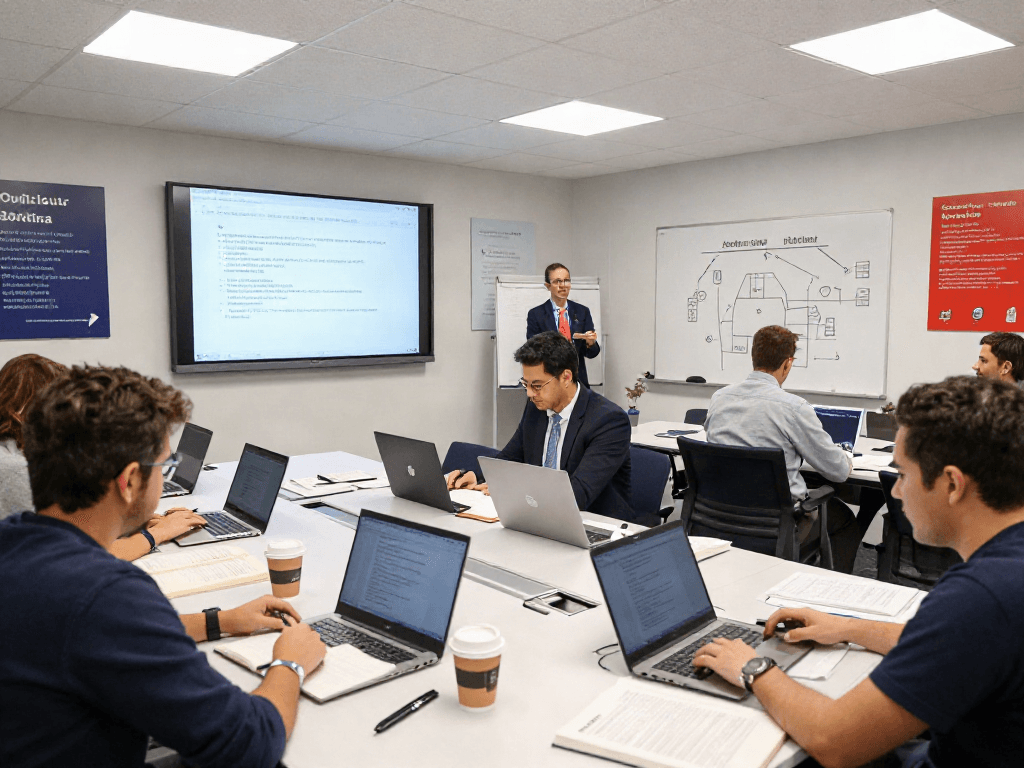 VCA Kopen - Studenten in een moderne trainingsruimte leren over VCA-regels en veiligheidsrichtlijnen.