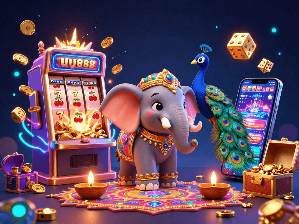 Spin the reels with uy88 as vibrant symbols and golden treasures burst forth in a lively casino celebration.
