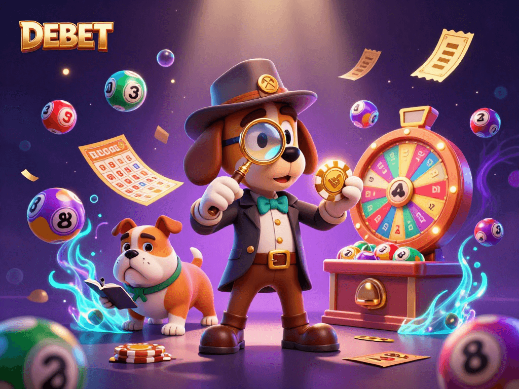 Engage in the thrilling world of DEBET with a detective examining clues and vibrant casino elements.