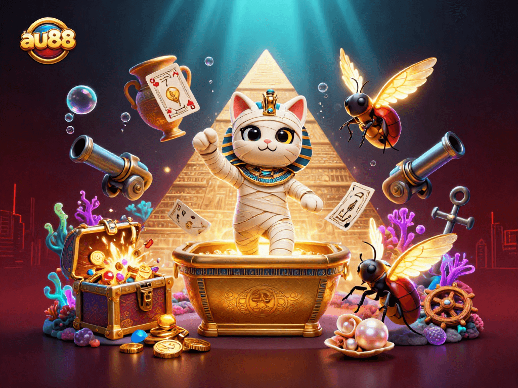 Join the adventure at au88 as the mummy cat bursts from the treasure, revealing riches and excitement!