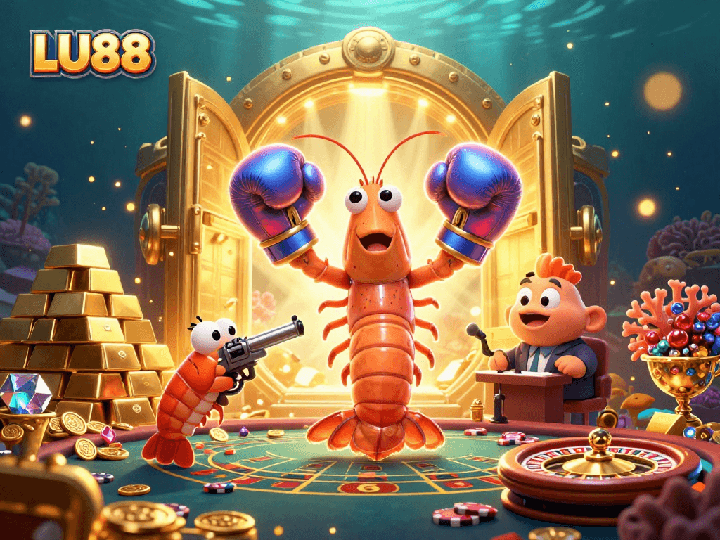 LU88 showcases a vibrant underwater casino scene with cartoon characters celebrating wins and treasures.