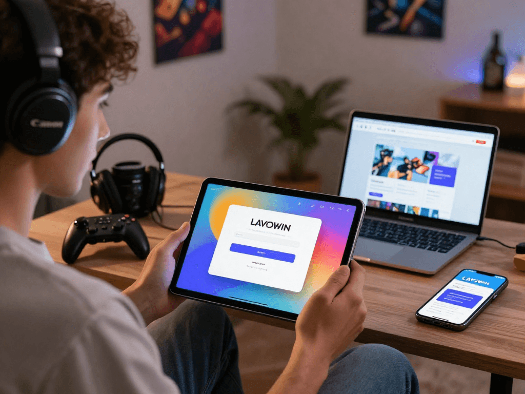User accessing lavowin login on a tablet, surrounded by gaming gear in a cozy living room.