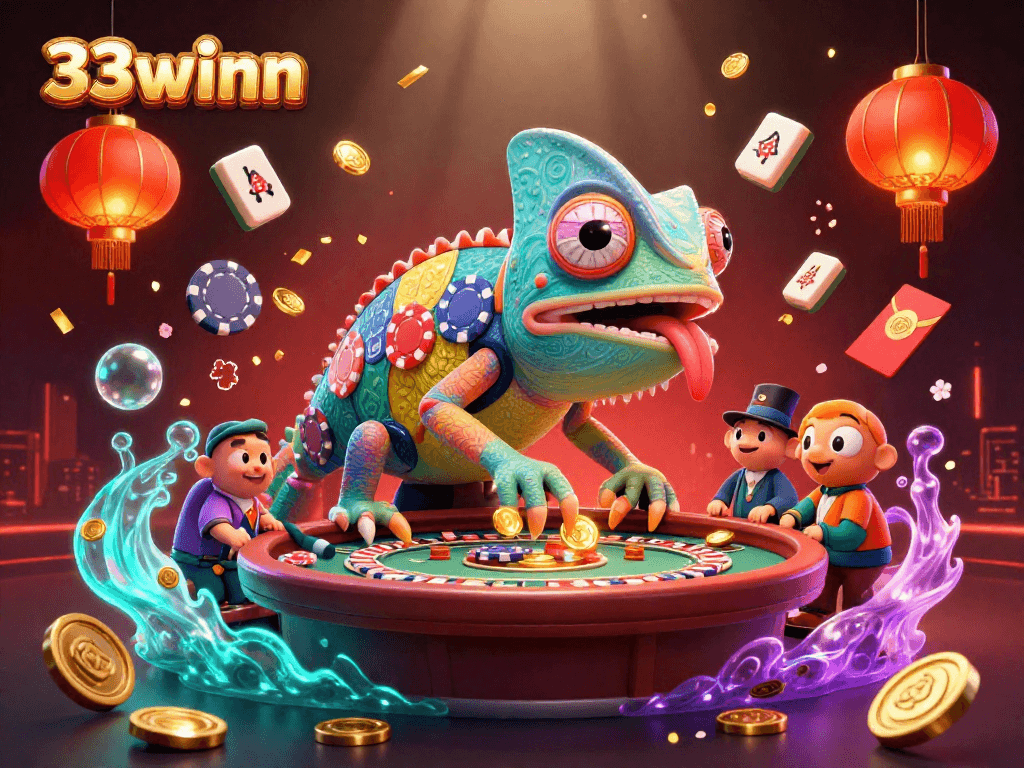 Engage in thrilling games with the vibrant charm of 33winn's casino elements and a colorful chameleon host.