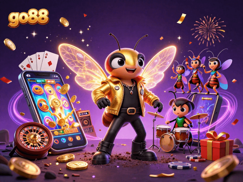 Experience excitement with go88's vibrant gambling scene featuring energetic characters and games.