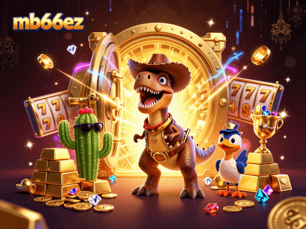 Experience casino excitement with mb66ez featuring a cowboy dinosaur in a dynamic gambling scene.