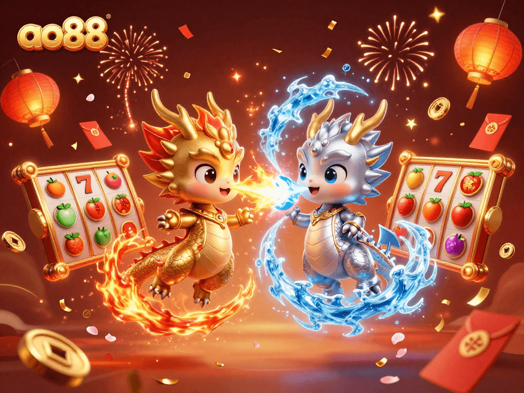 Witness the magic of ao88 as golden and silver dragons entwine in a dynamic casino-themed digital art