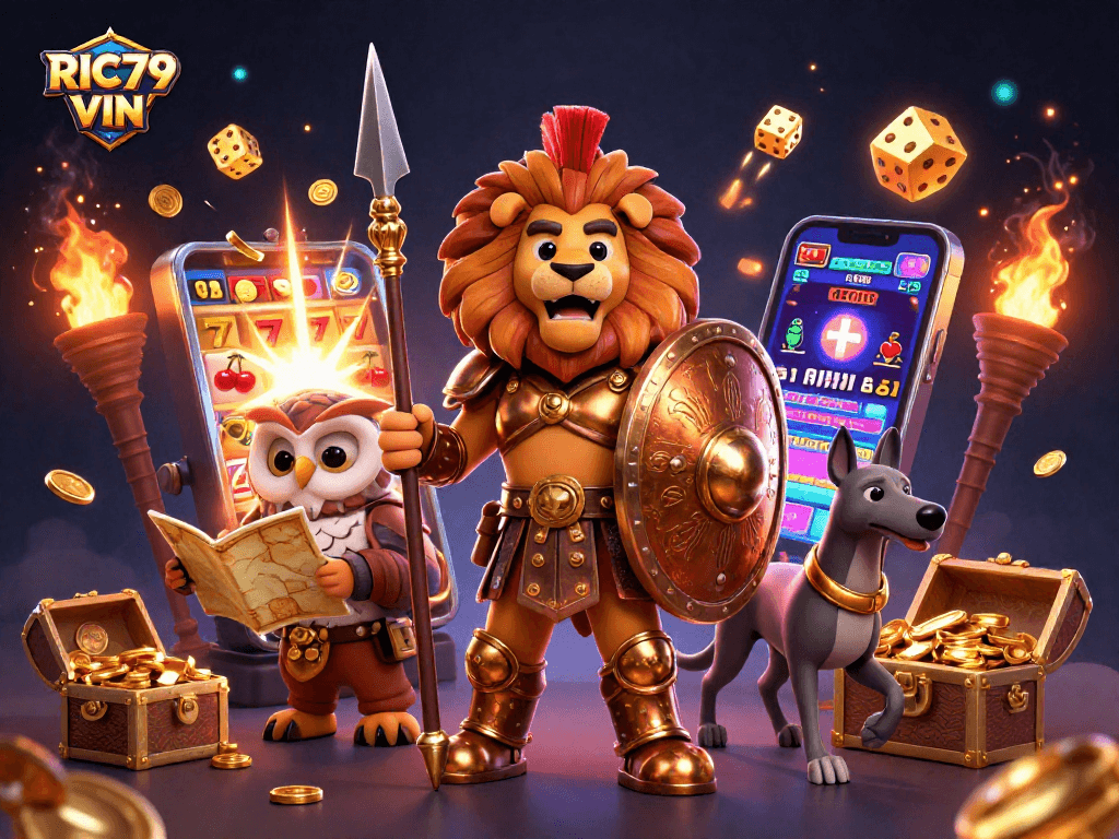 Engage with RIC79 VIN through a thrilling slot game scene featuring a lion, owl, and greyhound.