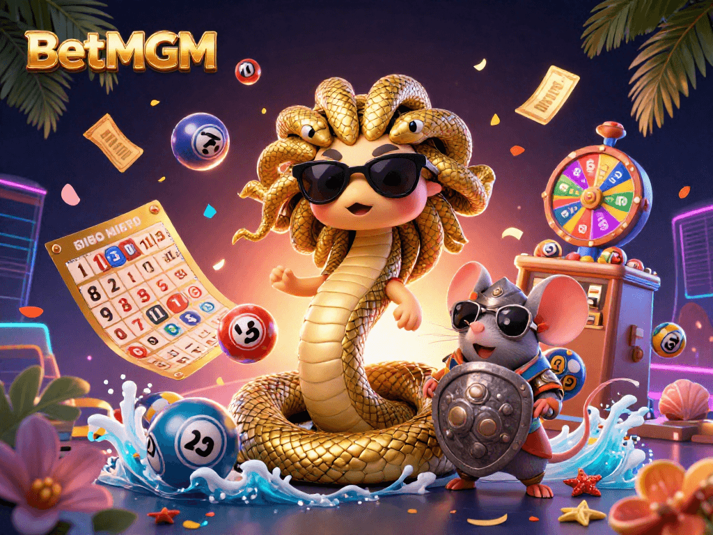 Engaging BetMGM scene where Medusa and a warrior mouse celebrate with colorful lottery elements.
