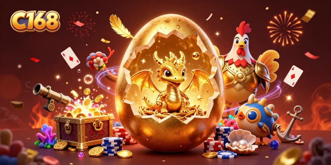 C168 showcases a colossal golden egg revealing a golden dragon amidst vibrant casino elements.