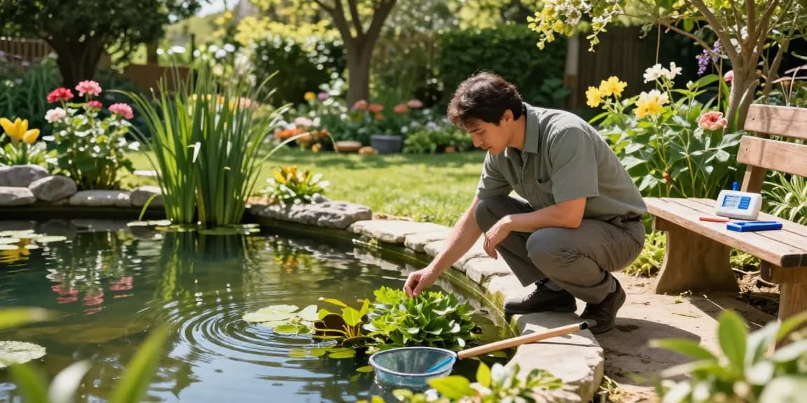 pond expert near me examining beautiful backyard pond with tools in a serene garden setting