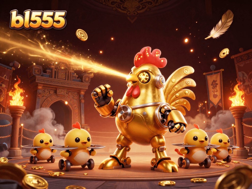Engage in thrilling gameplay at bl555 with a vivid scene featuring a golden rooster robot and drones.