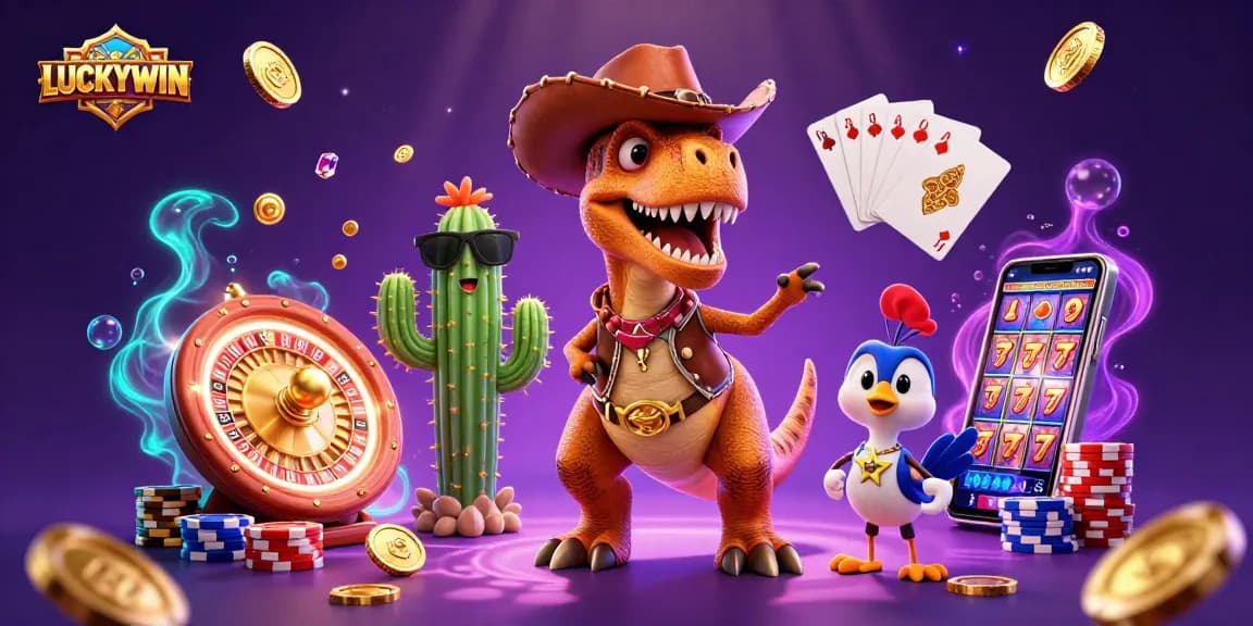 LUCKYWIN showcases an exciting 3D illustration featuring a cowboy dinosaur, golden coins, and vibrant casino elements.