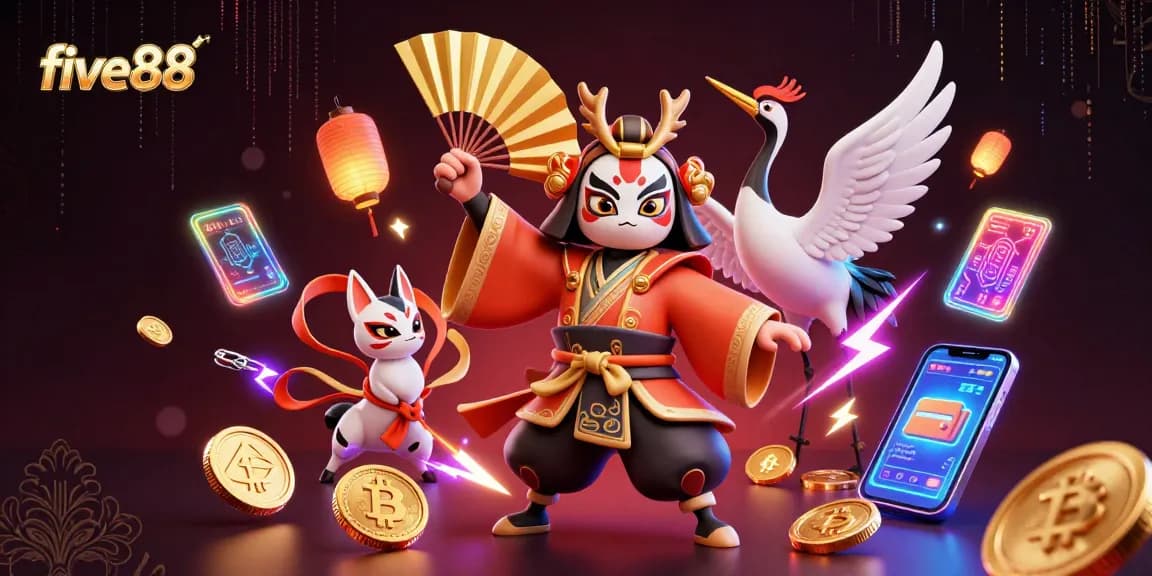 Experience the excitement of five88 with a kabuki warrior and kitsune in a vibrant casino-themed scene.