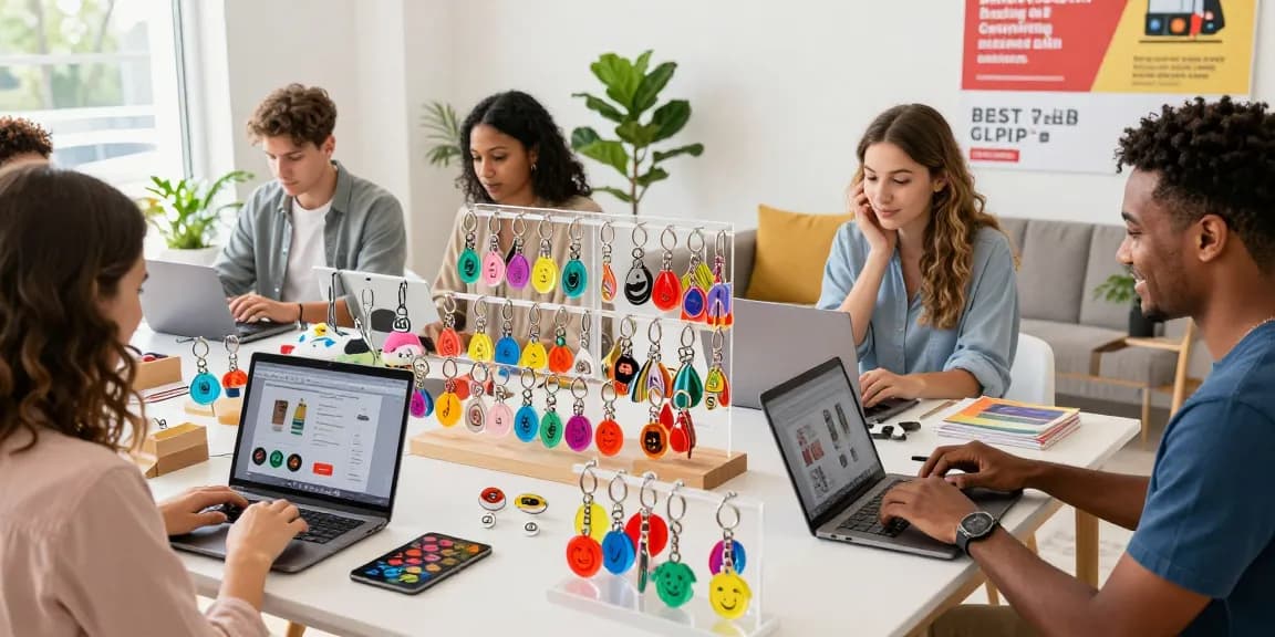 Custom keychains displayed in an inviting e-commerce retail space, showcasing diverse styles and vibrant colours.