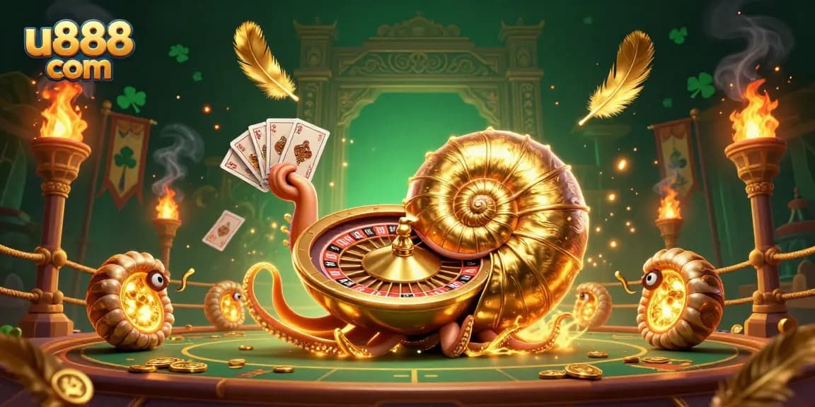 Spin and win at u888 com with this vibrant casino scene featuring a dynamic nautilus roulette wheel and glowing ammonite companions.