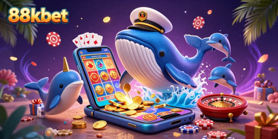 Engage with the vibrant 88kbet casino world as a whale breaches through coins with narwhal and dolphins, showcasing the excitement of gaming.