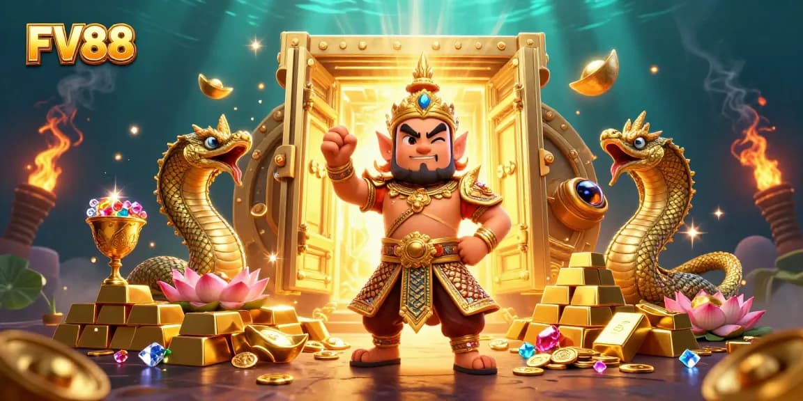 Experience the excitement of FV88 with vibrant gaming elements and temple guardians in a dynamic casino scene.