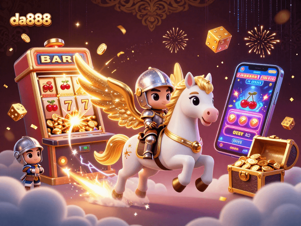 Experience excitement with da888 through vibrant 3D casino games and jackpot wins illustrated in a dynamic scene.