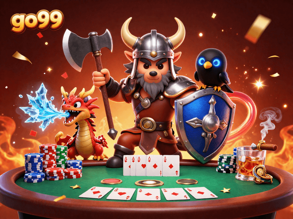 Experience thrilling actions at go99 with cartoon Viking wolf, dragon, and poker elements in vibrant casino scene.