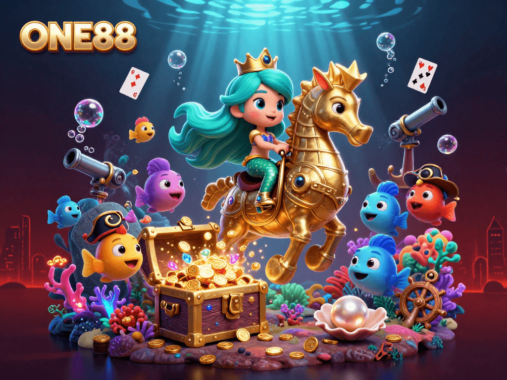 Engage in dynamic gaming excitement with ONE88's vibrant underwater casino illustration.