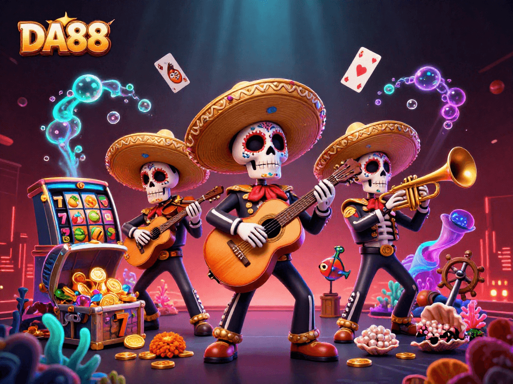 Experience the vibrant DA88 casino scene with a dynamic mariachi band and slot elements.