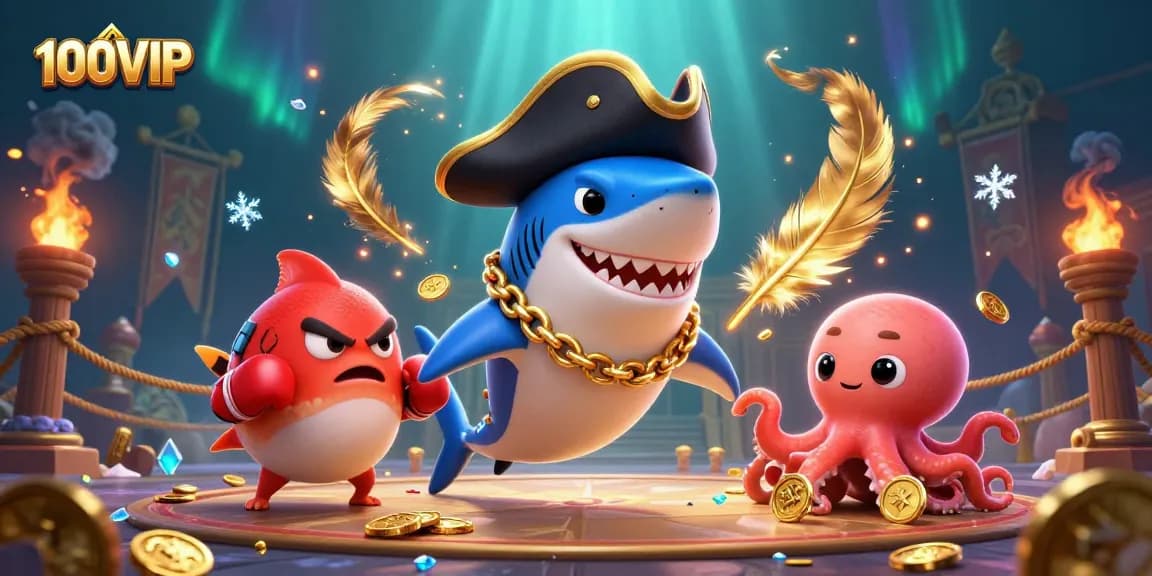 Experience thrilling fun at 100VIP with dynamic characters and golden coins amidst a lively casino scene.