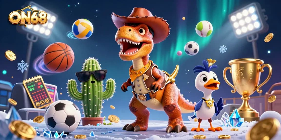 Engage with ON68 thrilling gameplay featuring a dynamic scene with a T-Rex and casino elements.