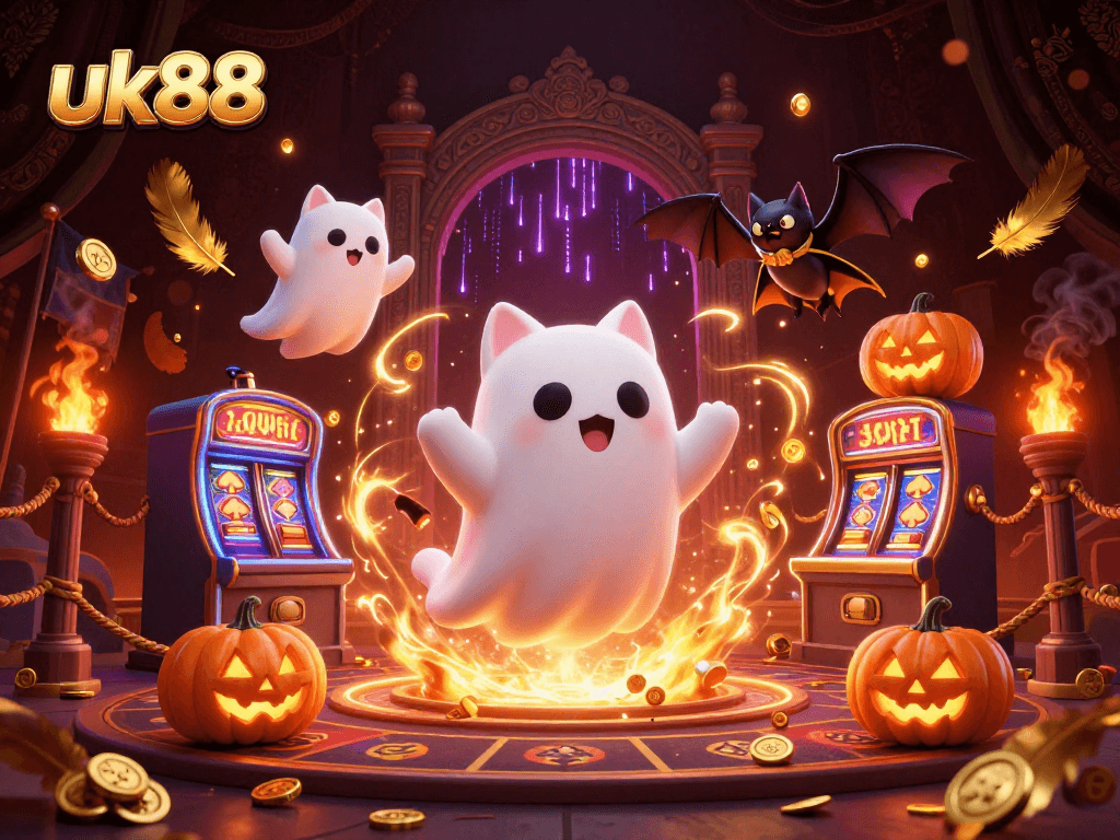 Win big with uk88 in a vibrant haunted casino scene featuring a ghost cat and a vampire bat.