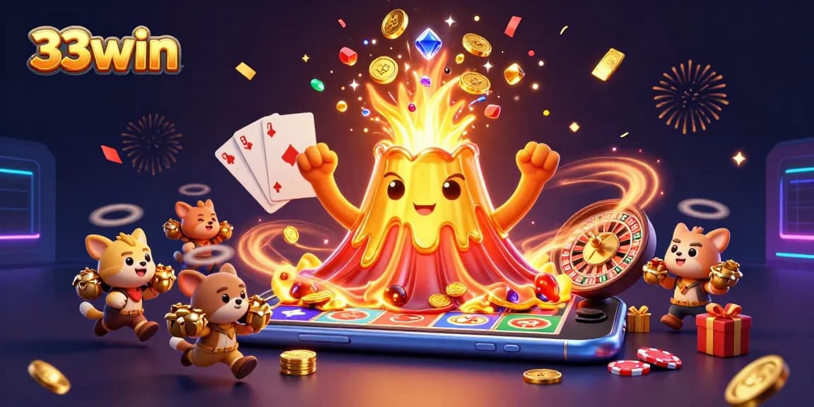 Win exciting treasures at 33win with a vibrant 3D casino scene featuring animated characters.