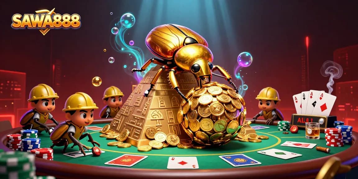 SAWA888's dynamic casino adventure features golden beetles and poker elements in a vibrant scene.