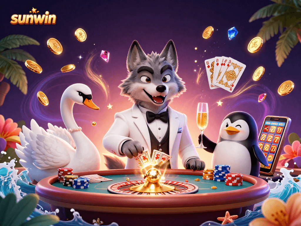 Experience the excitement of sunwin's casino atmosphere featuring a playful scene with characters and vibrant game elements.